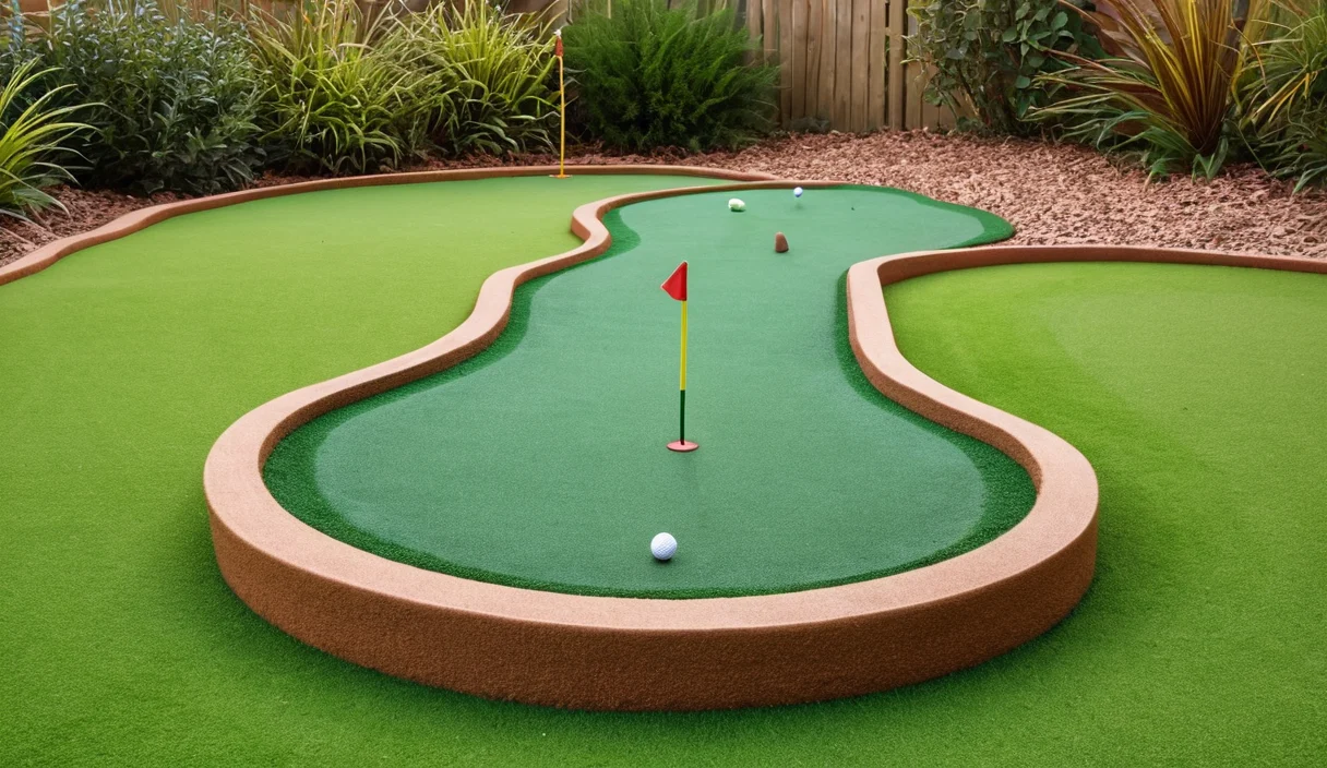 Miniature putting green with flags