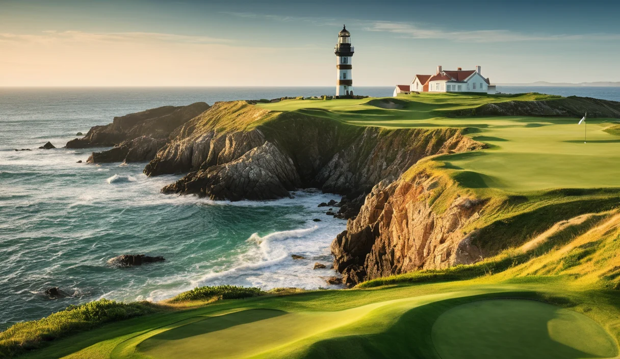 A lighthouse beside a coastal golf course