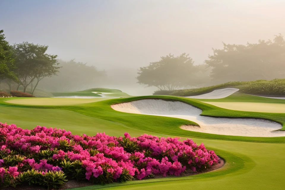 Mist over a par three green with azalea flowers