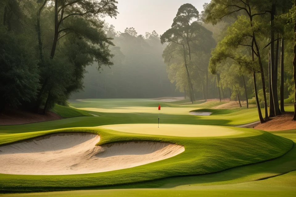 Golf green guarded by a creek and sculpted bunkers