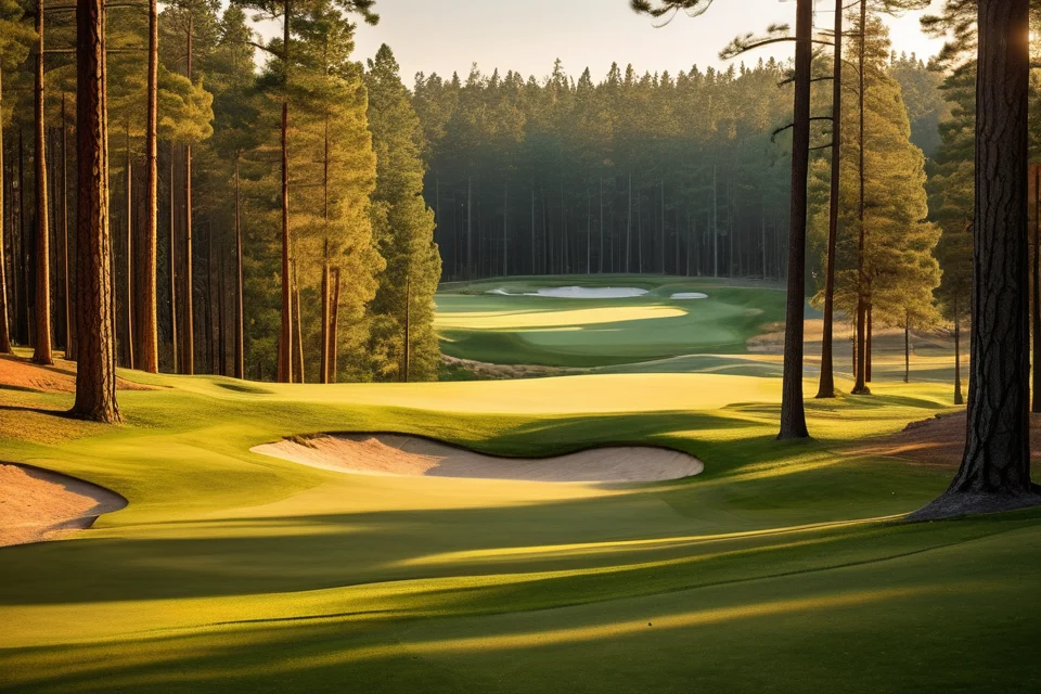 Long fairway through pine trees in warm morning light