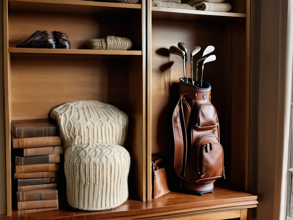 Luxury golf pro shop with leather bag, clubs, knitwear, and warm wood shelving